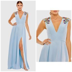 Mac Duggal Beaded Cap Sleeve Gown in Blue